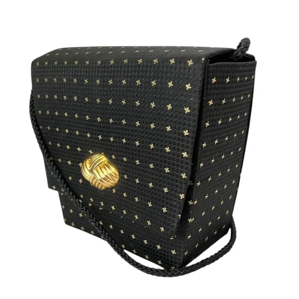 Vintage Whiting & Davis Black Jacquard Gold Dotted Box Convertible Evening Bag